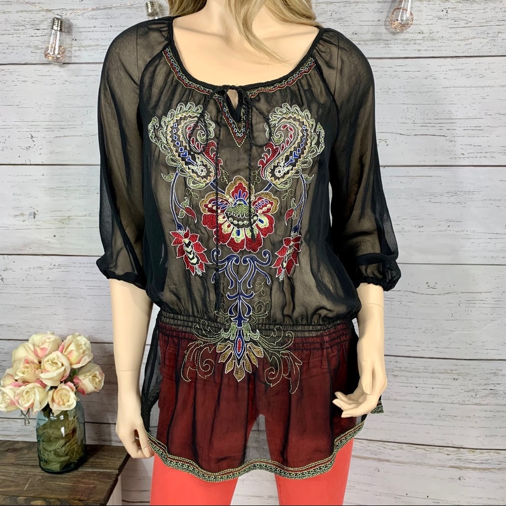 FOREVER 21 Sheer Black Embroidered Peasant Top